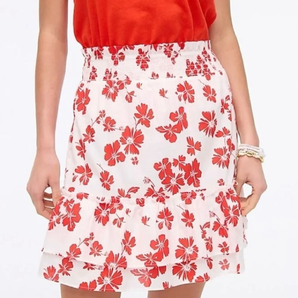 J. Crew Ruffle Smocked-Waist Mini Skirt in White Bright Cerise Red Floral 2X NWT